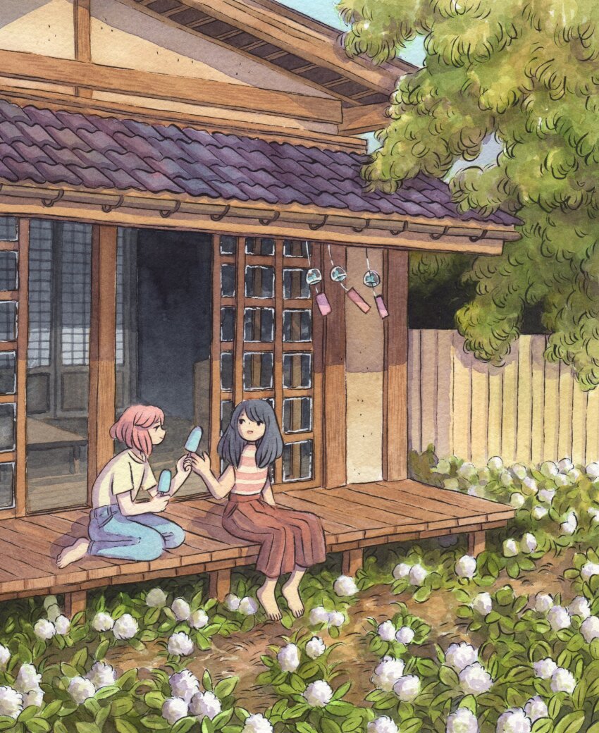 2girls architecture barefoot bell-bottoms black_eyes black_hair brown_pants denim east_asian_architecture fence flower food giving_food green_shirt heikala highres holding holding_food holding_popsicle jeans looking_at_another medium_hair multiple_girls original outdoors painting_(medium) pants pink_hair pink_shirt popsicle porch shirt short_hair shouji sliding_doors striped_clothes striped_shirt traditional_media tree watercolor_(medium) white_flower wide_shot wind_chime wooden_floor