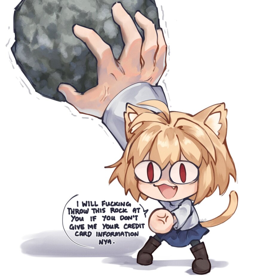 1girl :3 ahoge anger_vein animal_ear_fluff animal_ears b1n04 blonde_hair blue_skirt boots brown_boots cat_ears cat_girl cat_tail chibi commentary english_commentary english_text fang full_body highres holding holding_rock long_sleeves looking_at_viewer mugging neco-arc neco_spirit open_mouth profanity red_eyes rock shirt short_hair simple_background skirt solo speech_bubble standing tail tsukihime white_background white_shirt
