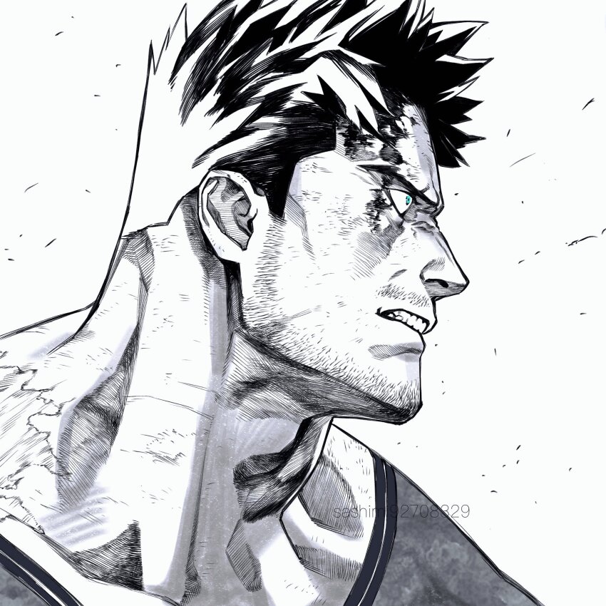 1boy adam&#039;s_apple angry beard_stubble blood_from_forehead blue_eyes bodysuit boku_no_hero_academia clenched_teeth endeavor_(boku_no_hero_academia) facial_hair greyscale highres looking_to_the_side male_focus mature_male monochrome muscular muscular_male mustache_stubble neck profile sanpaku sashimi_oran serious short_hair sideburns sideburns_stubble solo spiked_hair spot_color stubble teeth thick_neck tsurime