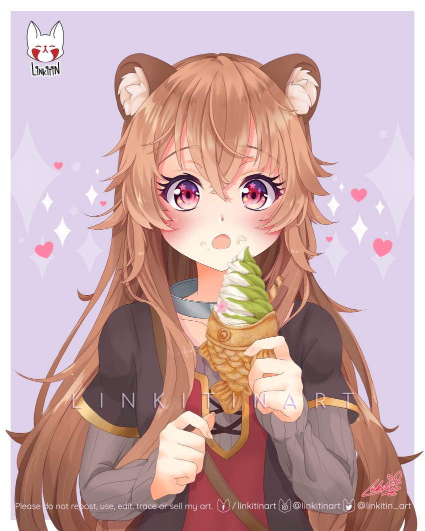 :o animal_ear_fluff animal_ears artist_logo black_dress blush border brown_hair child collar collarbone commentary dress eating eyelashes facebook_username food food_on_face grey_dress hair_between_eyes hands_up heart highres holding holding_food holding_ice_cream ice_cream ice_cream_cone ice_cream_on_face instagram_username layered_dress linkitin_art logo long_hair long_sleeves looking_at_viewer metal_collar open_mouth outside_border purple_background raccoon_ears raccoon_girl raphtalia red_dress red_eyes short_sleeves signature soft_serve sparkle star_(symbol) star_in_eye symbol_in_eye tate_no_yuusha_no_nariagari twitter_username two-tone_dress upper_body white_border