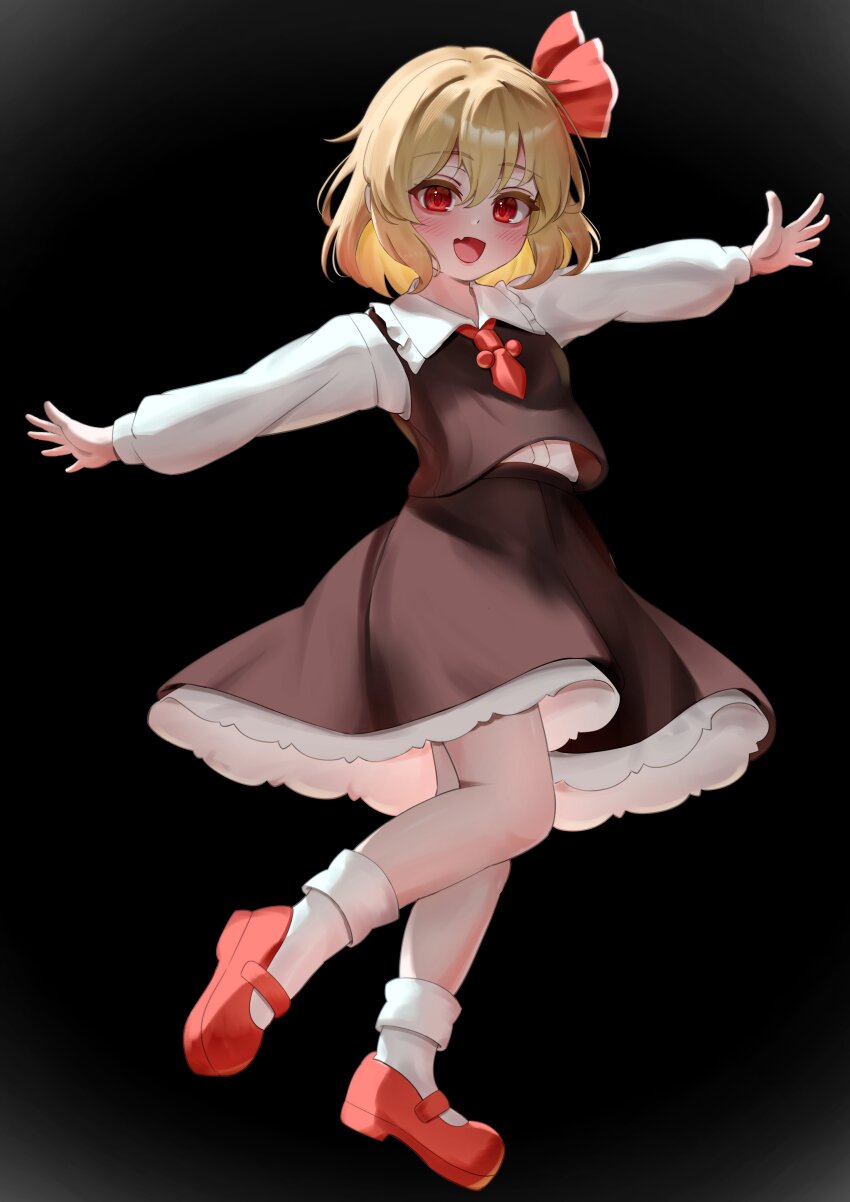 1girl :d absurdres ascot black_skirt black_vest blonde_hair bow dark_background fang full_body hair_bow highres light_blush long_sleeves looking_at_viewer open_mouth outstretched_arms red_ascot red_bow red_shoes rumia shirt shoes short_hair skin_fang skirt smile solo soo_kazahana touhou vest white_shirt