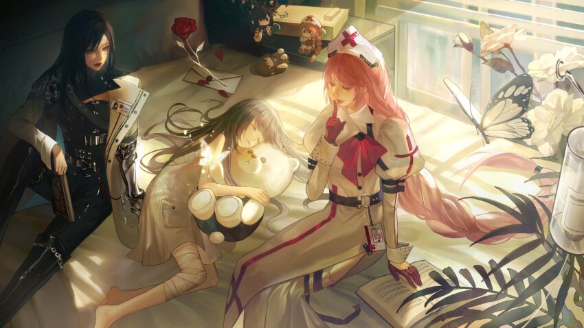 3girls anne_(path_to_nowhere) arm_on_knee bandaged_leg bandages bandaid bandaid_on_knee bandaid_on_leg bare_arms bare_shoulders barefoot belt belt_buckle black_belt black_boots black_capelet black_hair black_lips black_pants black_tube_top blinders book boots bow bowtie box braid buckle bug butterfly buttons capelet carnation chain character_doll character_request chest_belt child chinese_commentary closed_eyes closed_mouth collared_dress commentary_request day dress envelope feet_out_of_frame finger_to_mouth flower glasses gloves grey_dress grey_hair hair_spread_out happy hat highres holding holding_book holding_stuffed_toy hospital hugging_object indoors insect intravenous_drip iron_(path_to_nowhere) jiaopiupiu juliet_sleeves knee_boots knee_up lab_coat latex latex_boots latex_pants light_particles light_rays light_smile lipstick long_dress long_hair long_skirt long_sleeves looking_at_another lying makeup mechanical_arms multiple_belts multiple_girls name_tag nightstand nurse nurse_cap o-ring o-ring_belt on_bed on_side open_book oversized_object palm_leaf pants path_to_nowhere petals pink_hair pink_lips plant pleated_skirt pocket potted_plant puffy_sleeves red_bow red_bowtie red_flower red_gloves red_rose rose rose_petals scar scar_across_eye scar_on_face side_slit single_braid single_mechanical_arm sitting skirt skirt_under_dress sleeping sleeve_cuffs sleeveless sleeveless_dress strapless striped_clothes striped_dress studded_belt stuffed_animal stuffed_toy teddy_bear tube_top vertical-striped_clothes vertical-striped_dress very_long_hair wax_seal white-framed_eyewear white_butterfly white_dress white_flower white_hat white_skirt window