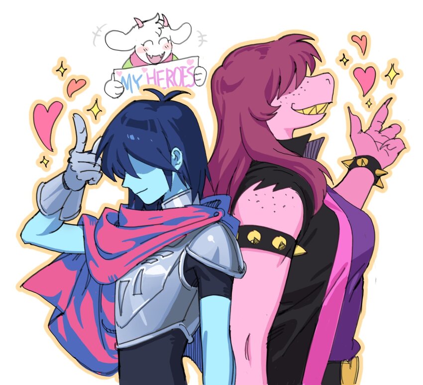 1boy 1girl 1other animal_ears armlet armor black_jacket blue_hair blue_skin bracelet breastplate closed_eyes colored_skin colored_teeth commentary_request deltarune english_text fangs furry furry_female goat_boy goat_ears goat_horns heart highres holding holding_sign horns index_finger_raised jacket jewelry korean_commentary kris_(deltarune) long_hair outline pink_horns purple_hair purple_shirt purple_skin ralsei reptile_girl sharp_teeth shirt short_hair sign sleeveless sleeveless_jacket smile spiked_armlet spiked_bracelet spikes susie_(deltarune) teeth ttudolee white_background yellow_outline yellow_teeth