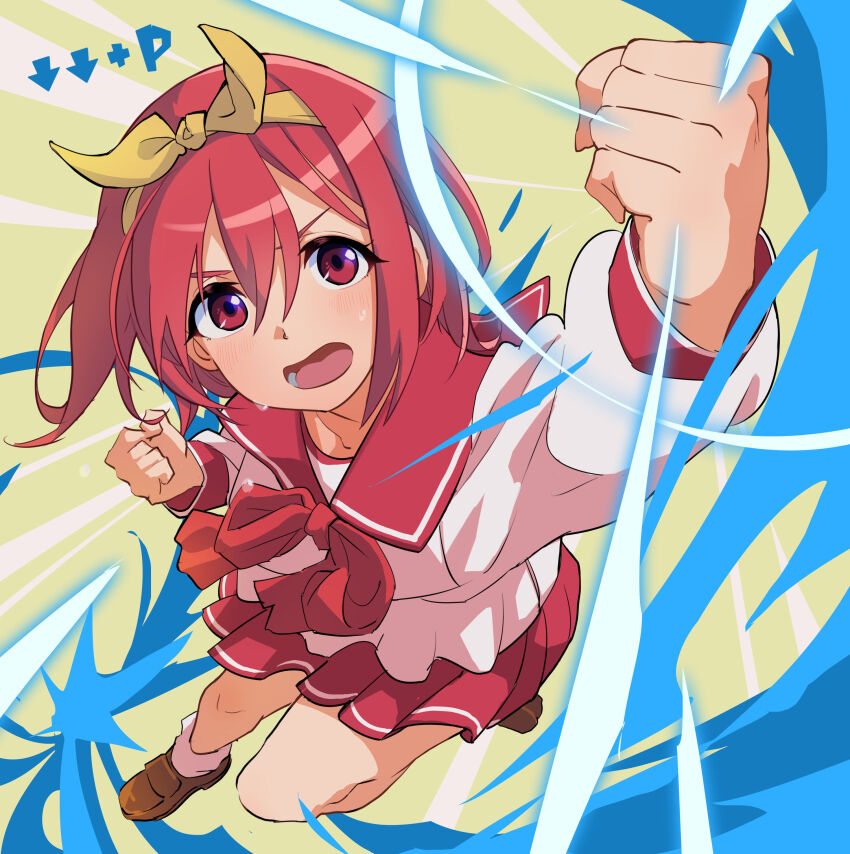 1girl absurdres blush bow brown_shoes clenched_hands command_input commentary_request fighting_game full_body hair_between_eyes hairband hand_up highres kamigishi_akari leedoppo loafers long_sleeves open_mouth red_bow red_eyes red_hair red_sailor_collar red_skirt sailor_collar school_uniform serafuku shirt shoes short_hair skirt socks solo sweat to_heart to_heart_(series) white_shirt white_socks yellow_background yellow_bow yellow_hairband