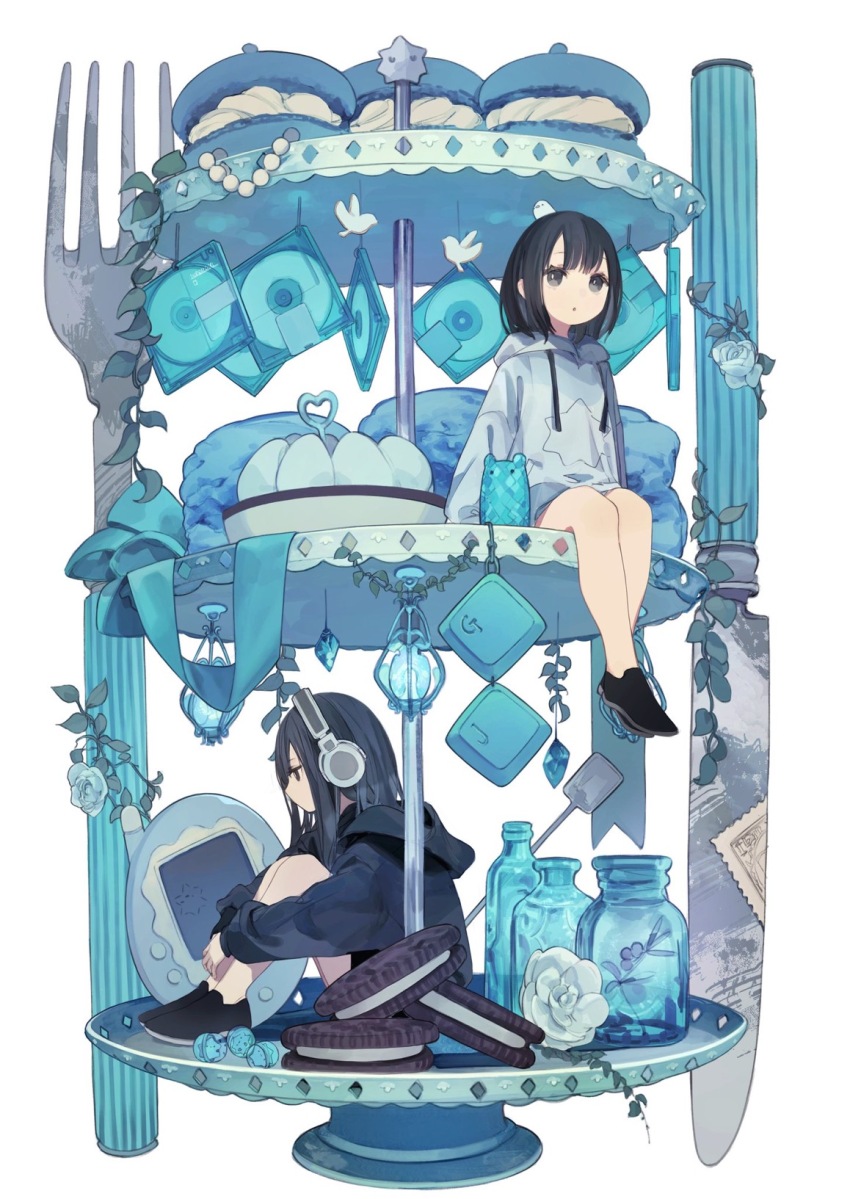 2girls bare_legs black_eyes black_footwear black_hair black_hoodie blue_ribbon bottle cd cd_case commentary_request flower food fork full_body grey_hoodie headphones highres hood hoodie hugging_own_legs knife looking_afar looking_at_viewer macaron multiple_girls oreo original ribbon rose short_hair tamagotchi tamagotchi_(virtual_pet) tamagotchi_plus tiered_tray tokiwata_soul virtual_pet_(toy) white_flower white_rose