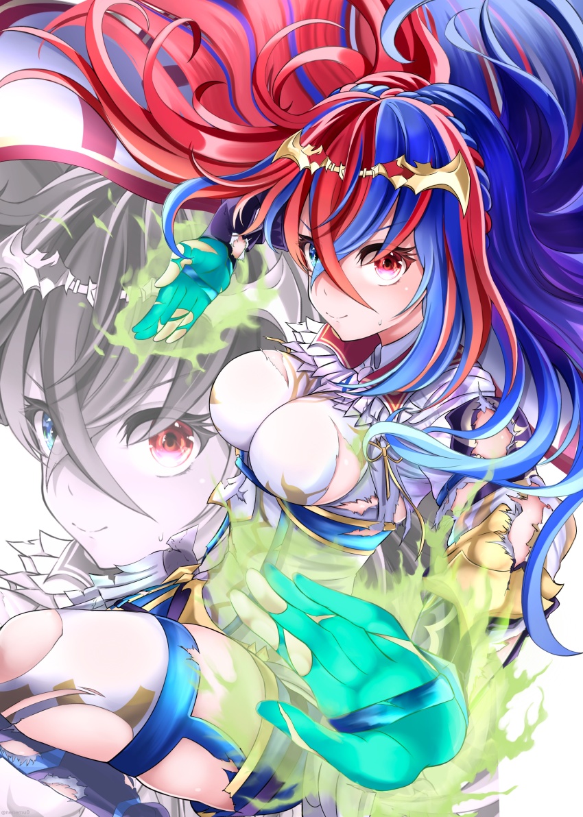 1girl absurdres female_alear_(fire_emblem) blue_eyes blue_hair braid breasts crossed_bangs crown_braid female_alear_(awoken_divinity)_(fire_emblem) fire_emblem fire_emblem_engage fire_emblem_heroes heterochromia highres large_breasts long_hair multicolored_hair nenemu0 nintendo official_alternate_costume red_eyes red_hair sideboob skindentation solo split-color_hair tiara torn_clothes two-tone_hair very_long_hair