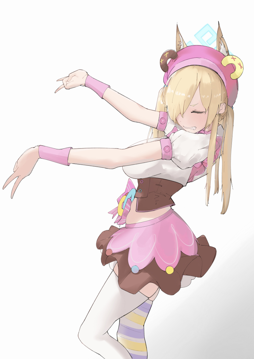 1girl absurdres alternate_costume alternate_hairstyle animal_ear_fluff animal_ears blonde_hair blue_archive blush brown_corset clenched_teeth closed_eyes corset diksiuw dog_ears dog_girl double_gyaru_v double_v gyaru_v hair_over_one_eye hat highres kanna_(blue_archive) long_hair multicolored_thighhighs pink_hat pink_skirt sharp_teeth shirt short_sleeves sidelocks skirt solo striped_clothes striped_thighhighs teeth thighhighs twintails v white_shirt white_thighhighs wrist_cuffs