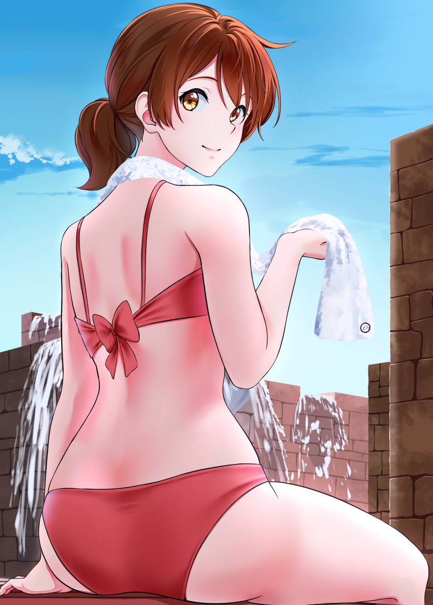 1girl absurdres ass bikini blue_sky brown_eyes brown_hair cloud day hibike!_euphonium highres looking_at_viewer looking_back low_ponytail myjiq oumae_kumiko outdoors ponytail red_bikini short_hair sitting sky solo swimsuit towel towel_around_neck water
