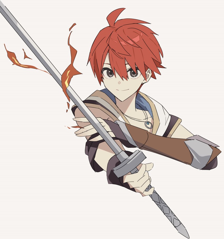 1boy adol_christin closed_mouth commentary_request fire flaming_sword flaming_weapon george_man grey_eyes hair_between_eyes highres holding holding_sword holding_weapon looking_at_viewer male_focus red_hair short_hair solo sword upper_body weapon ys ys_x:_nordics