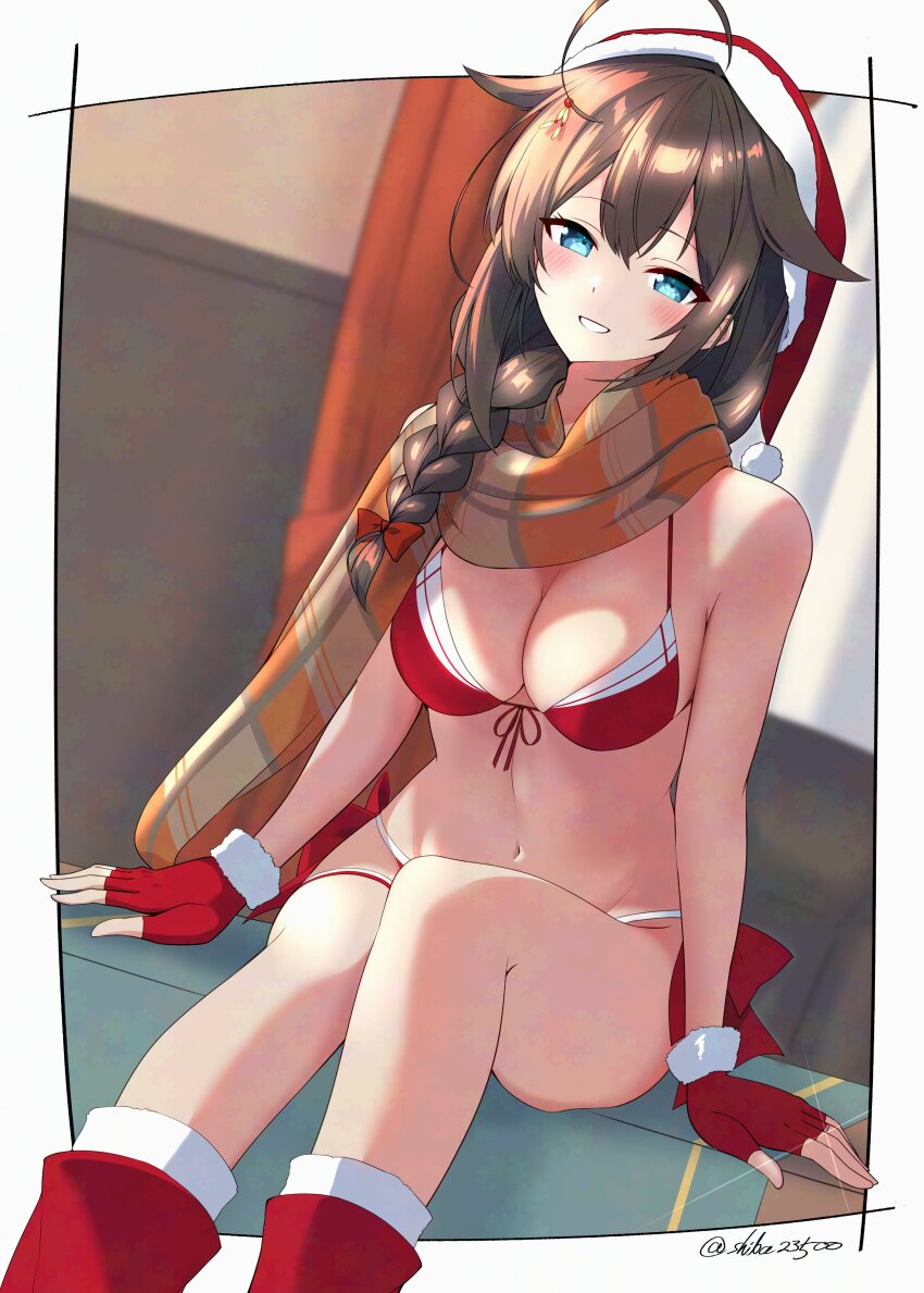 1girl absurdres ahoge alternate_color bikini black_hair braid breasts brown_eyes cleavage commentary_request front-tie_bikini_top front-tie_top hair_flaps hat highres kantai_collection long_hair looking_at_viewer medium_breasts red_bikini red_footwear red_hat santa_hat scarf shiba_(zudha) shigure_(kancolle) shigure_kai_san_(kancolle) shigure_kai_san_(swimsuit)_(kancolle) side_ponytail single_braid solo swimsuit two-tone_scarf