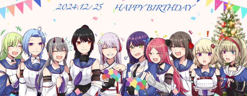 ! +++ 6+girls :d ^_^ ahoge aqua_eyes aqua_flower aqua_rose arm_at_side arm_hug assault_lily behind_another belt belt_buckle birthday birthday_cake birthday_party black_belt black_gloves black_hair black_shirt blue_capelet blue_flower blue_hair blue_rose blue_skirt blue_sky blurry blurry_foreground blush bouquet braid braided_ponytail breasts brown_gloves brown_hair buckle butterfly_hair_ornament cake capelet christmas_ornaments clenched_hand closed_eyes commentary criss-cross_halter crop_top dated detached_collar detached_sleeves drill_hair drill_sidelocks elbow_gloves epaulettes facing_viewer fang fingerless_gloves flower food fujita_asagao funada_kiito funada_ui gem gem_hair_ornament gloves green_eyes green_flower green_hair green_rose grey_hair grin hair_flower hair_ornament hairband hairclip hairpods half_gloves halterneck hand_on_another&#039;s_arm hand_on_another&#039;s_back hand_up hands_up happy_birthday heterochromia highres holding holding_bouquet holding_plate horns igusa_subaru imamura_yukari_(assault_lily) japanese_clothes kawabata_hotaru kimono komai_sumire kozue_west layered_sleeves long_hair long_sleeves looking_at_another looking_at_food looking_to_the_side low_ponytail low_twintails mechanical_horns medium_breasts mole mole_under_eye mole_under_mouth multiple_girls nagasawa_yuki_(assault_lily) neckerchief nigari_(ngari_0115) notice_lines obi obijime odaiba_girls_high_school_uniform off_shoulder open_mouth orange_flower orange_rose parted_bangs partially_fingerless_gloves pennant pink_eyes pink_flower pink_rose plate ponytail puff_of_air purple_eyes purple_flower purple_hair purple_neckerchief purple_rose red_eyes red_flower red_gemstone red_hair red_hairband red_horns red_ribbon red_rose ribbon rose sash school_uniform serafuku shiba_tomoshibi shirt short_hair siblings side-by-side side_braid sidelocks sideways_glance single_braid sisters skin_fang skirt sky sleeveless sleeveless_shirt sleeves_past_wrists smile standing star_(symbol) strawberry_cake string_of_flags sweatdrop tassel tassel_hair_ornament twintails two-tone_shirt undershirt upper_body v-shaped_eyebrows vambraces white_background white_flower white_kimono white_ribbon white_shirt yellow_flower yellow_rose
