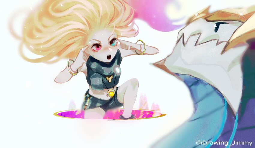 1girl :o absurdres aurelion_sol aurelion_sol_(league_of_legends) bare_shoulders blonde_hair bracelet crop_top dragon dryskeleton_(drawing_jimmy) grey_eyes grey_scarf heterochromia highres index_finger_raised jewelry league_of_legends long_hair looking_at_another meme multicolored_hair necklace pink_background pink_eyes pink_hair portal_(object) scarf sharp_teeth shorts teeth think_mark_think!_(meme) two-tone_hair upper_teeth_only watermark white_background zoe_(league_of_legends)