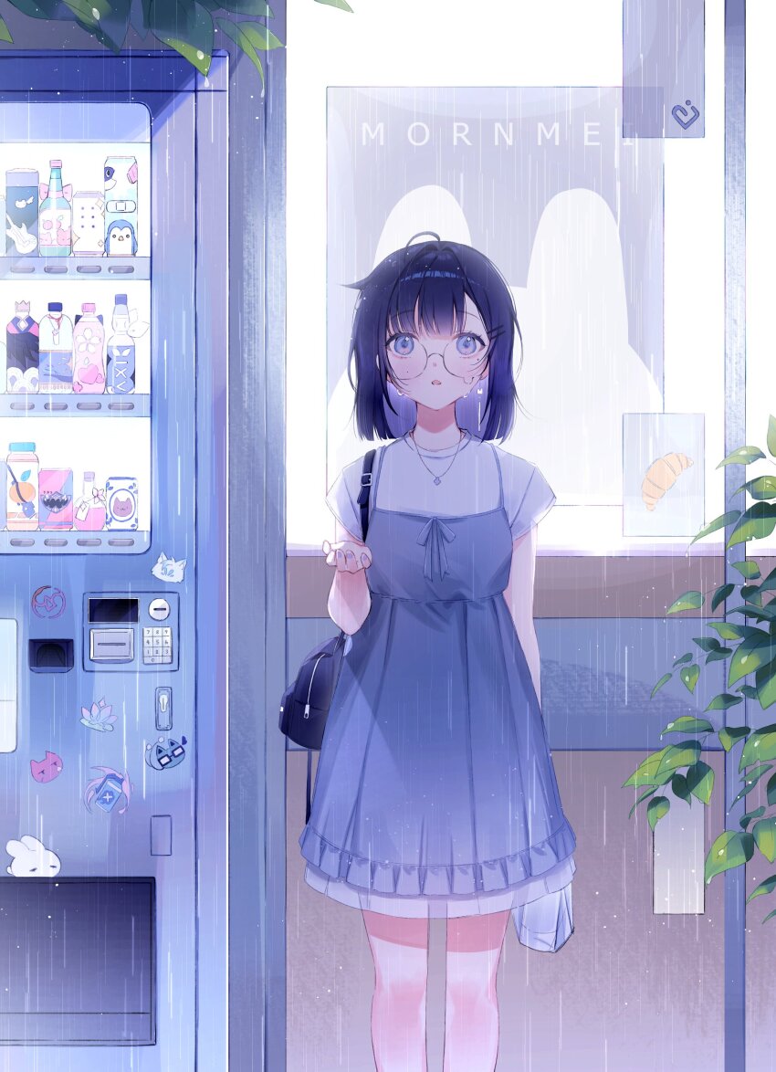 1girl absurdres ahoge bag black_hair blue_dress blunt_bangs bottle can colored_inner_hair commentary convenience_store cowboy_shot cupping_hand dress drink_can glasses hand_up highres holding holding_bag jewelry layered_dress mai_(mornmeii) medium_hair mole mole_on_cheek mole_under_eye multicolored_hair necklace original outdoors parted_lips plant plastic_bag pleated_dress poster_(object) purple_eyes purple_hair purple_nails rain round_eyewear shop short_sleeves shoulder_bag solo standing sticker surprised teardrop-framed_glasses vending_machine wet white_dress