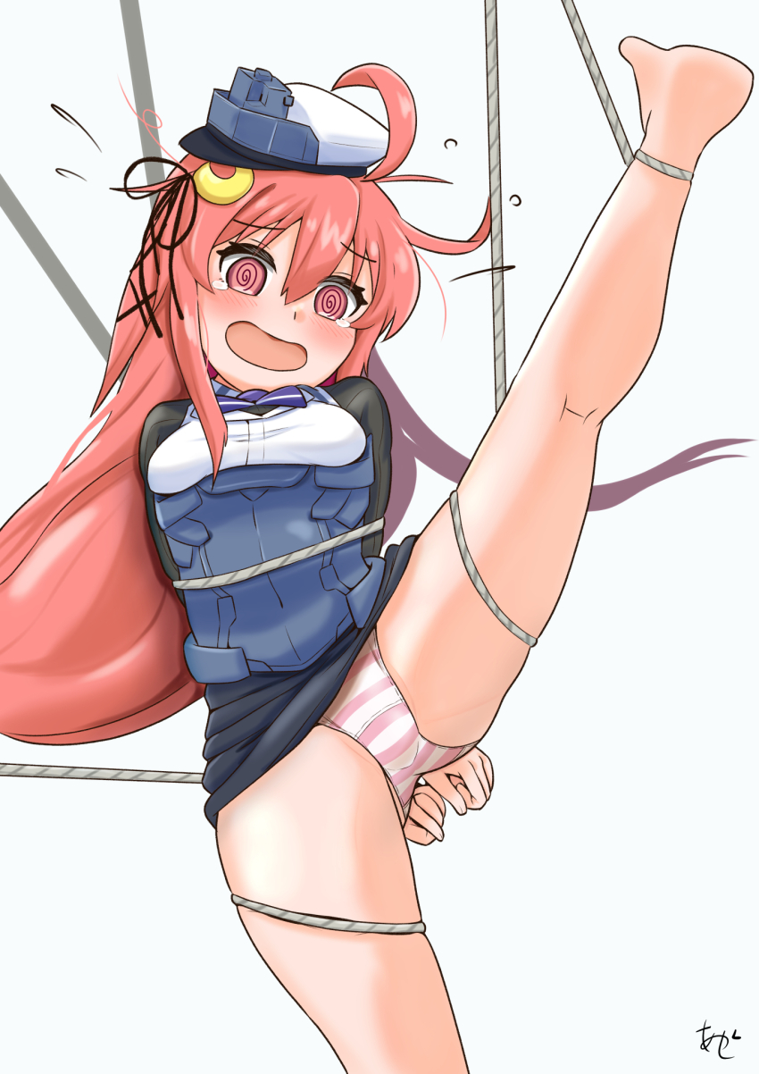 1girl @_@ akashieru barefoot blue_jacket bound commentary_request cosplay crescent crescent_hair_ornament hair_ornament hat headgear highres jacket kantai_collection long_hair low-tied_long_hair military_uniform northampton_(kancolle) northampton_(kancolle)_(cosplay) northampton_kai_(kancolle) northampton_kai_(kancolle)_(cosplay) one-hour_drawing_challenge orange_eyes orange_hair panties restrained robe solo striped_clothes striped_panties translation_request underwear uzuki_(kancolle) white_hat