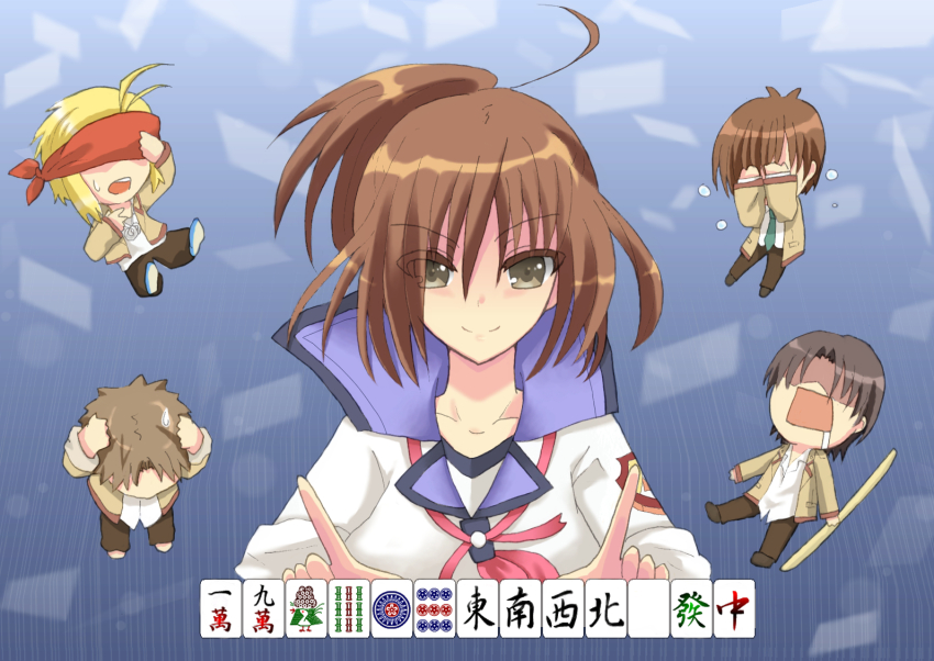 10s 1girl 4boys angel_beats! bad_id bad_pixiv_id board_game brown_eyes brown_hair chibi fujimaki_(angel_beats!) hisako_(angel_beats!) long_hair mahjong matsushita_(angel_beats!) multiple_boys nakamura_hinato ooyama_(angel_beats!) ponytail school_uniform shirasaya sleeves_rolled_up tk_(angel_beats!)
