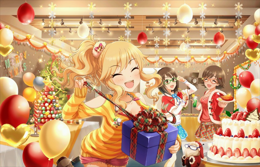 10s 3girls :d ^_^ adjusting_eyewear arm_up artist_request badge balloon bare_shoulders bell bendy_straw blonde_hair blue-framed_eyewear blue_skirt blueberry blush bow box breasts brown_eyes brown_footwear brown_hair button_badge cake cake_decoration candle candlestand character_request christmas christmas_cake christmas_ornaments christmas_tree christmas_wreath cleavage closed_eyes coat collarbone cup cutoffs decoration_(idolmaster) dog_tags doily dot_nose drinking_glass drinking_straw eyelashes facing_another facing_viewer flipped_hair food frilled_skirt frills fruit fur-trimmed_coat fur-trimmed_shawl fur_trim garland_(decoration) gift gift_box glasses glint green-framed_eyewear hair_ornament hair_scrunchie hairclip heart_balloon holding holding_cup holding_drinking_glass holding_gift holding_plate holly honda_mio idolmaster idolmaster_cinderella_girls idolmaster_cinderella_girls_starlight_stage indoors jewelry kamijo_haruna leaning_forward leg_up long_hair long_sleeves looking_at_another medium_breasts merry_christmas multiple_girls necklace off_shoulder official_art ohtsuki_yui open_mouth orange-framed_eyewear paper_chain plaid_clothes plaid_ribbon plaid_skirt plate pleated_skirt pom_pom_(clothes) pulling raspberry red_bow red_coat red_shorts ribbon round_teeth scrunchie shawl shoes short_hair short_shorts shorts side_ponytail sidelocks skirt sleeves_past_wrists smile stage_lights standing standing_on_one_leg strawberry striped_bow striped_clothes striped_ribbon striped_sweater sweater swept_bangs table tablecloth teeth tray v-neck wavy_hair winter_clothes winter_coat wreath yellow_sweater