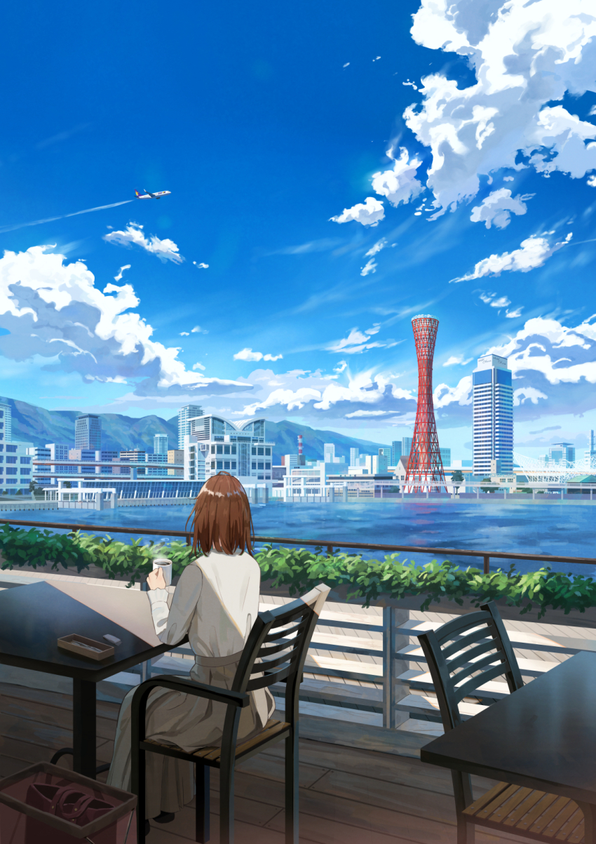 1girl aircraft airplane bag blue_sky brown_skirt building cafe chair cityscape cloud commentary_request contrail cup day harbor highres holding holding_cup jet_airliner original railing restaurant scenery shirt short_hair shoulder_bag shurock sitting skirt sky skyscraper solo table tower white_shirt window