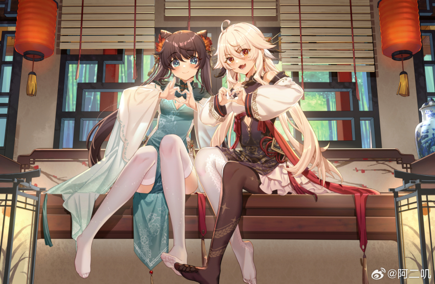 2girls aer_(tengqiu) ahoge animal_ears bamboo_screen blonde_hair blue_dress blue_eyes blush breasts brown_hair china_dress chinese_clothes closed_mouth cone_hair_bun dress feet flower hair_bun hair_flaps hair_flower hair_ornament hair_stick heart heart_hands heart_hands_duo hu_tao_(genshin_impact) indoors lamp lantern lattice long_hair long_sleeves looking_at_viewer multiple_girls no_shoes open_mouth original pantyhose red_eyes sitting smile tassel thighhighs twintails vase watermark weibo_watermark window