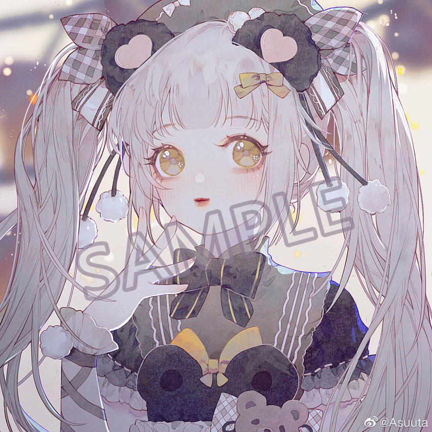 1girl animal_ears animal_print arm_ribbon asuuta bear bear_ears bear_print black_bonnet black_bow black_dress black_ribbon black_wrist_cuffs bonnet bow breasts brown_capelet brown_ribbon capelet chinese_commentary closed_mouth collared_capelet commentary_request commission dress earrings eyelashes fake_animal_ears finger_to_cheek fingernails flower_in_eye frilled_sleeves frilled_wrist_cuffs frills grey_hair hair_bobbles hair_bow hair_ornament happy hat hat_bow heart heart_print high_collar highres indoors jewelry lace-trimmed_bow lace_trim light_blush light_particles lipstick long_hair makeup multiple_hair_bows original pink_bow plaid_bow pom_pom_(clothes) pom_pom_earrings red_lips ribbon ribbon-trimmed_sleeves ribbon_trim sample_watermark short_sleeves single_stripe smile solo striped_bow symbol_in_eye twintails upper_body very_long_hair watermark weibo_watermark white_bow window wrist_cuffs yellow_bow yellow_eyes