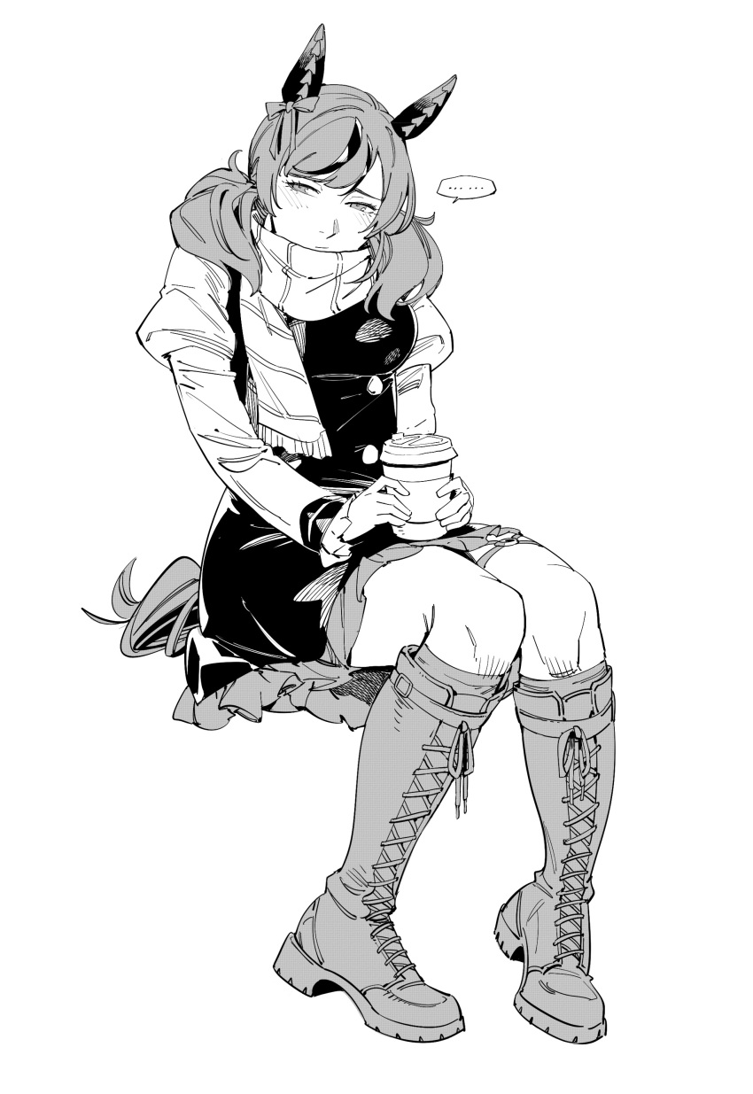 ... 1girl absurdres animal_ears boots bow breasts commentary_request cup disposable_coffee_cup disposable_cup dress ear_bow ear_covers frilled_dress frills greyscale highres holding holding_cup horse_ears horse_girl horse_tail juliet_sleeves knee_boots knees_together_feet_apart lace-up_boots long_sleeves medium_breasts medium_hair monochrome nice_nature_(umamusume) puffy_sleeves ruukii_drift scarf simple_background sitting solo spoken_ellipsis tail umamusume white_background