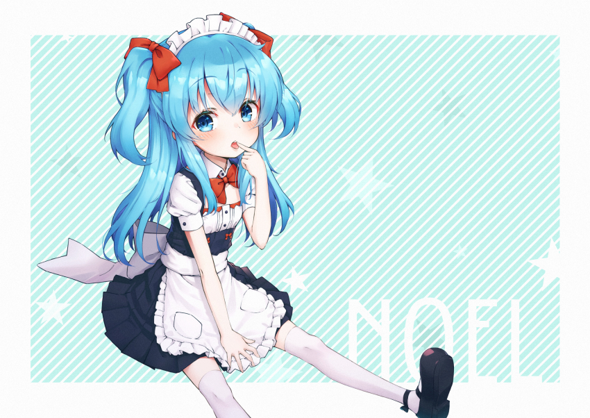 1girl apron blue_eyes blue_hair blush bow bowtie character_name diagonal-striped_background female_focus finger_to_mouth full_body hair_bow highres kasehk maid maid_apron maid_headdress multiple_hair_bows noel_(sora_no_method) open_mouth puffy_short_sleeves puffy_sleeves short_sleeves sitting solo sora_no_method star_(symbol) striped_background thighhighs