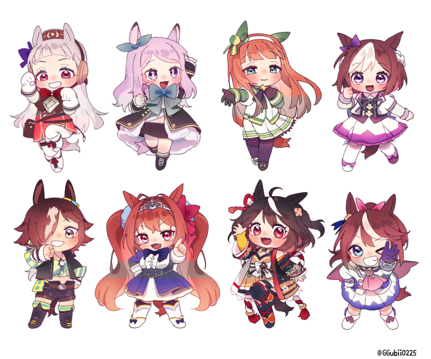 &gt;_o 6+girls ahoge animal_ears boots bow brown_hair chibi closed_mouth crop_top daiwa_scarlet_(umamusume) fang ggubii0225 gloves gold_ship_(umamusume) grin hair_bow hair_over_one_eye highres horse_ears horse_girl horse_tail kitasan_black_(umamusume) knee_boots mejiro_mcqueen_(umamusume) midriff midriff_peek multicolored_hair multiple_girls one_eye_closed open_mouth pantyhose parted_lips pink_eyes red_bow short_hair silence_suzuka_(umamusume) simple_background smile special_week_(umamusume) tail teeth thigh_boots tiara tokai_teio_(umamusume) twintails twitter_username umamusume v vodka_(umamusume) white_background white_footwear white_gloves white_hair white_pantyhose