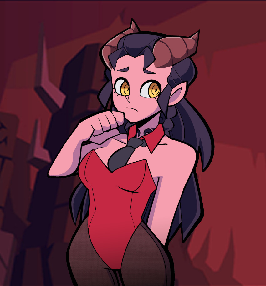 1girl absurdres arm_behind_back bare_shoulders black_choker black_hair black_pantyhose braid breasts choker colored_skin crossover dahlia_(day_of_wrath) day_of_wrath_(infinitypilot) demon demon_girl demon_horns doom_(series) doom_eternal embarrassed fanfic fantasy formal_clothes hell helltaker hexagram highres horns krembeni leotard long_hair looking_at_viewer lying medium_breasts monster_girl neck_tattoo necktie nymph original pantyhose playboy_bunny pointy_ears raised_eyebrows red_skin red_suit ringed_eyes shy slave_tattoo solo suit tattoo tiefling yellow_eyes