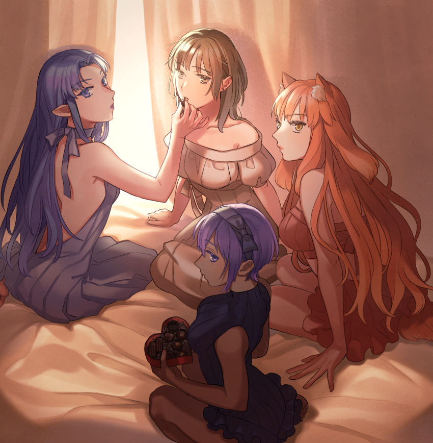4girls animal_ears bandeau black_dress black_hairband blue_dress brown_eyes brown_hair chocolate commentary_request curtains dark-skinned_female dark_skin dress fate/grand_order fate_(series) feeding fox_ears fox_girl fox_tail hairband halter_dress halterneck hassan_of_serenity_(fate) highres long_hair looking_at_viewer medea_(caster)_(fate) medea_(fate) miniskirt multiple_girls off-shoulder_dress off_shoulder orange_eyes orange_hair original pointy_ears purple_eyes purple_hair ribbed_dress shibakou short_hair sitting skirt suzuka_gozen_(fate) tail yokozuwari