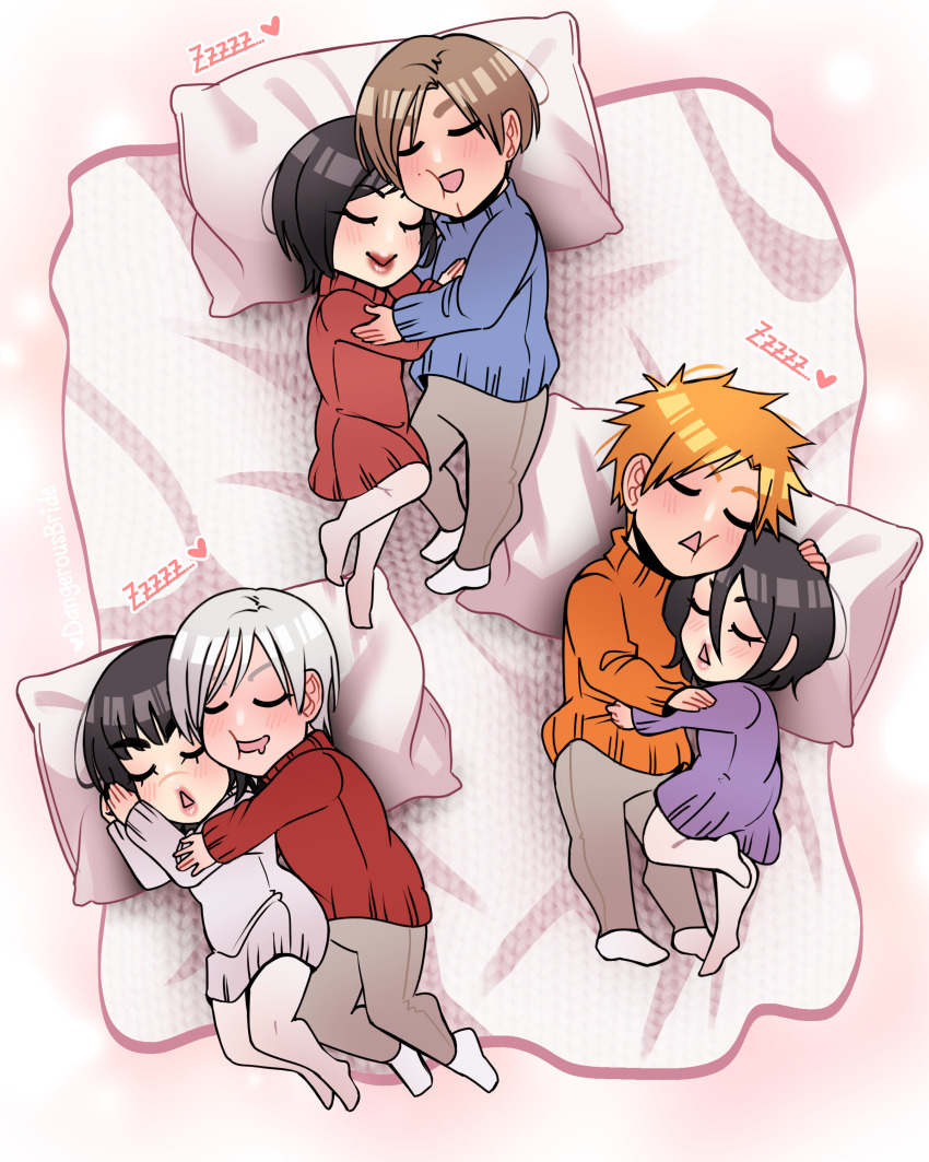 3boys 3girls absurdres ada_wong black_hair bleach blue_sweater brown_pants chibi cleft_chin commentary crossover dangerousbride dante_(devil_may_cry) devil_may_cry_(series) dress drooling english_commentary grey_hair heart hetero highres kuchiki_rukia kurosaki_ichigo lady_(devil_may_cry) leon_s._kennedy multiple_boys multiple_crossover multiple_girls orange_hair orange_shirt pants pantyhose pillow pink_dress purple_dress red_dress red_sweater resident_evil resident_evil_2 scar scar_on_face scar_on_nose shirt short_dress sleeping socks sweater sweater_dress triangle_mouth white_pantyhose white_socks zzz