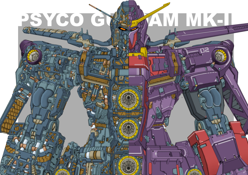 absurdres border character_name commentary english_commentary grey_background gundam gundam_zz highres looking_at_viewer machinery mecha no_humans orange_eyes psyco_gundam_mk_ii robot skyeyteng solo straight-on upper_body v-fin white_border x-ray
