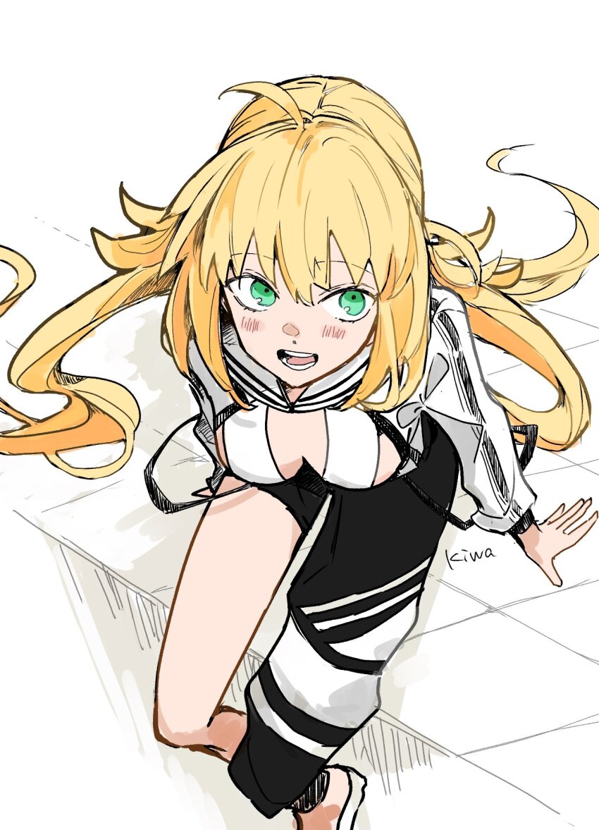 1girl artoria_caster_(fate) artoria_caster_(swimsuit_berserker)_(fate) artoria_caster_(swimsuit_berserker)_(first_ascension)_(fate) artoria_pendragon_(fate) asymmetrical_clothes bikini black_pants blonde_hair blush breasts fate/grand_order fate_(series) from_above green_eyes highres jacket ki_wa001 long_hair long_sleeves open_mouth pants shrug_(clothing) single_pantsleg sitting smile solo swimsuit twintails white_bikini white_jacket