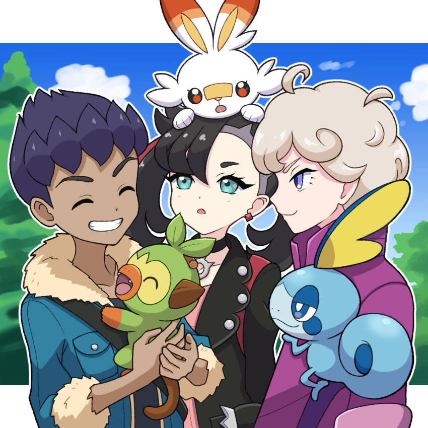 1girl 2boys :o ahoge asymmetrical_bangs bede_(pokemon) black_jacket blonde_hair closed_eyes cloud coat commentary_request curly_hair day dress earrings eyelashes fur-trimmed_jacket fur_trim gen_8_pokemon green_eyes grin grookey highres holding holding_pokemon hop_(pokemon) jacket jewelry marnie_(pokemon) multiple_boys nintendo on_head open_mouth outdoors pink_dress pokemon pokemon_(creature) pokemon_on_head pokemon_swsh purple_coat scorbunny short_hair sky smile sobble starter_pokemon_trio teeth three-quarter_sleeves yuu_(jgvj7873)