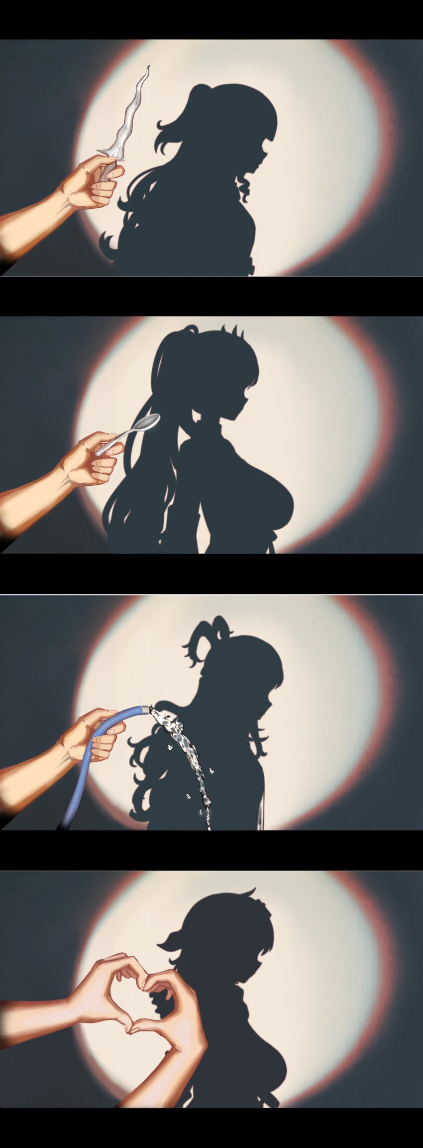 4girls absurdres anya_melfissa bandana breasts commentary dagger different_shadow english_commentary eyewear_on_head feather_hair_ornament feathers from_side hair_ornament heart heart_hands highres holding holding_dagger holding_hose holding_knife holding_spoon holding_weapon hololive hololive_indonesia hololive_shadow_puppet_(meme) hose jacket kaela_kovalskia knife kobo_kanaeru large_breasts letterboxed long_hair medium_hair meme multiple_girls pavolia_reine ponytail pov pov_hands profile see-through_clothes see-through_jacket shadow shadow_puppet silhouette small_breasts splashing spoon spotlight sundajin_asagi two_side_up very_long_hair virtual_youtuber water weapon