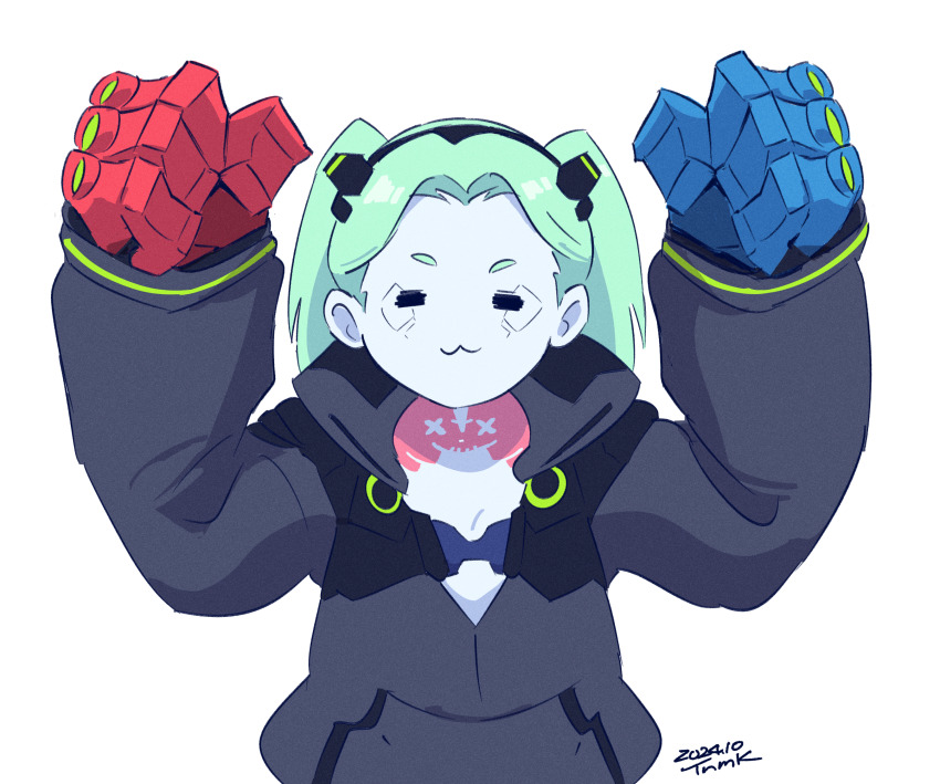1girl :3 =_= arms_up artist_name clenched_hands colored_skin commentary_request cyberpunk_(series) cyberpunk_edgerunners cyborg dated fewer_digits green_hair hands_up highres jacket long_hair long_sleeves mechanical_hands neck_tattoo oversized_forearms oversized_limbs pink_tattoo rebecca_(cyberpunk) signature simple_background solo sousou_no_frieren tattoo tsunemoku twintails upper_body white_background