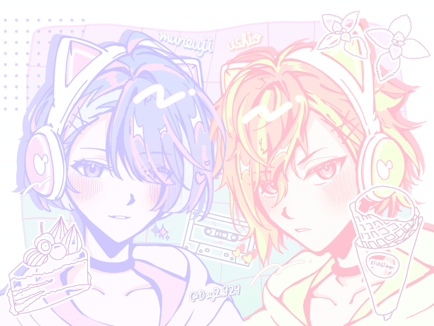 18trip 2boys absurdres animal_ear_headphones animal_ears blue_background blush cake cake_slice cat_ear_headphones crepe fake_animal_ears food grey_background headphones highres kaguya_muneuji kurama_ushio looking_at_viewer makki_(user_rvkf3843) multicolored_background multicolored_hair multiple_boys orange_hair parted_lips pink_hair purple_eyes purple_hair red_eyes teeth yellow_eyes