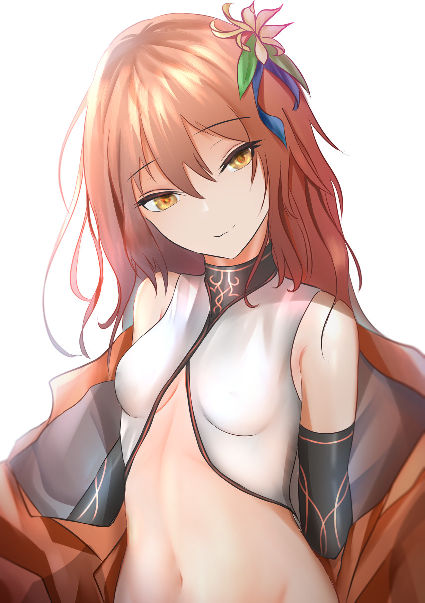 1girl absurdres arm_warmers bad_id bad_pixiv_id bare_shoulders breasts crop_top groin hair_ornament head_tilt highres jacket kayjae long_hair looking_at_viewer midriff navel off_shoulder open_clothes open_jacket orange_eyes orange_hair orange_jacket original revealing_clothes shirt simple_background sleeveless sleeveless_shirt small_breasts smile solo stomach upper_body white_background white_shirt