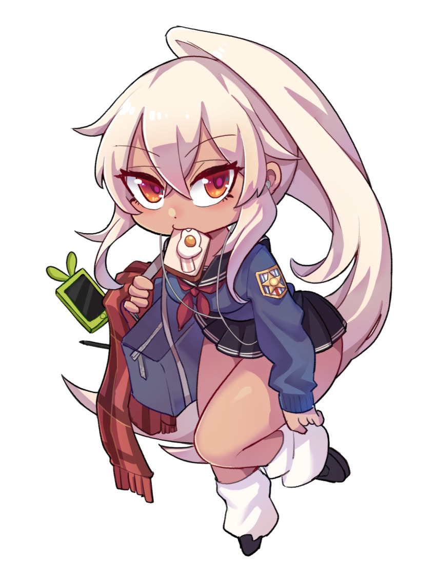 1girl adjusting_sock azur_lane bacon bag black_sailor_collar black_shoes black_skirt blonde_hair blue_bag blue_shirt blush bread bread_slice breasts cellphone chinese_commentary commentary_request crossed_bangs dark-skinned_female dark_skin fang food food_in_mouth fried_egg fried_egg_on_toast full_body hair_between_eyes high_ponytail highres holding holding_unworn_clothes holding_unworn_scarf long_hair long_sleeves looking_at_viewer maxin_(xinzhisuozai) medium_breasts miniskirt minneapolis_(azur_lane) minneapolis_(wild_huntress_schoolgirl)_(azur_lane) mouth_hold neckerchief official_alternate_costume open_mouth orange_eyes outline phone plaid_clothes plaid_scarf pleated_skirt ponytail red_neckerchief red_scarf sailor_collar scarf school_bag shirt shoes simple_background skirt smartphone smartphone_case socks solo toast toast_in_mouth transparent_background unworn_scarf very_long_hair white_outline white_socks