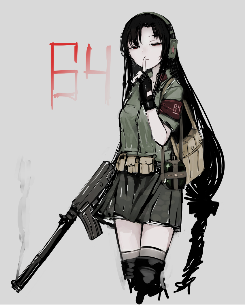 1girl absurdres armband beige_background belt_pouch black_gloves black_hair black_skirt black_thighhighs canteen collared_shirt feet_out_of_frame female_focus finger_to_mouth fingerless_gloves girls&#039;_frontline gloves green_shirt grey_background gun half-closed_eyes headset highres holding holding_weapon integral_suppressor integrally-suppressed_firearm long_hair looking_at_viewer military military_uniform miniskirt pouch rampart1028 red_eyes shirt shushing simple_background skirt smoke smoking_barrel solo submachine_gun suppressor thighhighs type_64_(girls&#039;_frontline) type_64_smg very_long_hair weapon zettai_ryouiki