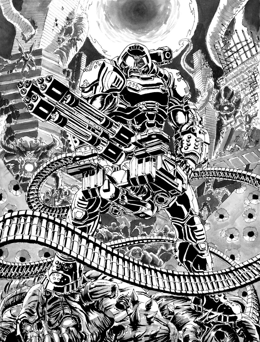 ammunition_belt arm_blade armor assault_visor baron_of_hell broken_horn building bullet_hole cacodemon chain_gun demon demon_girl demon_horns demon_wings doom_(series) doom_eternal doomguy gatling_gun greyscale gun heart helmet highres holding holding_gun holding_weapon horns huge_weapon imp_(doom) lost_soul_(doom) mancubus monochrome pain_elemental power_armor praetor_suit revenant_(doom) science_fiction shoulder_cannon skyscraper space_marine spoken_heart standing substance20 weapon wings wrist_blades