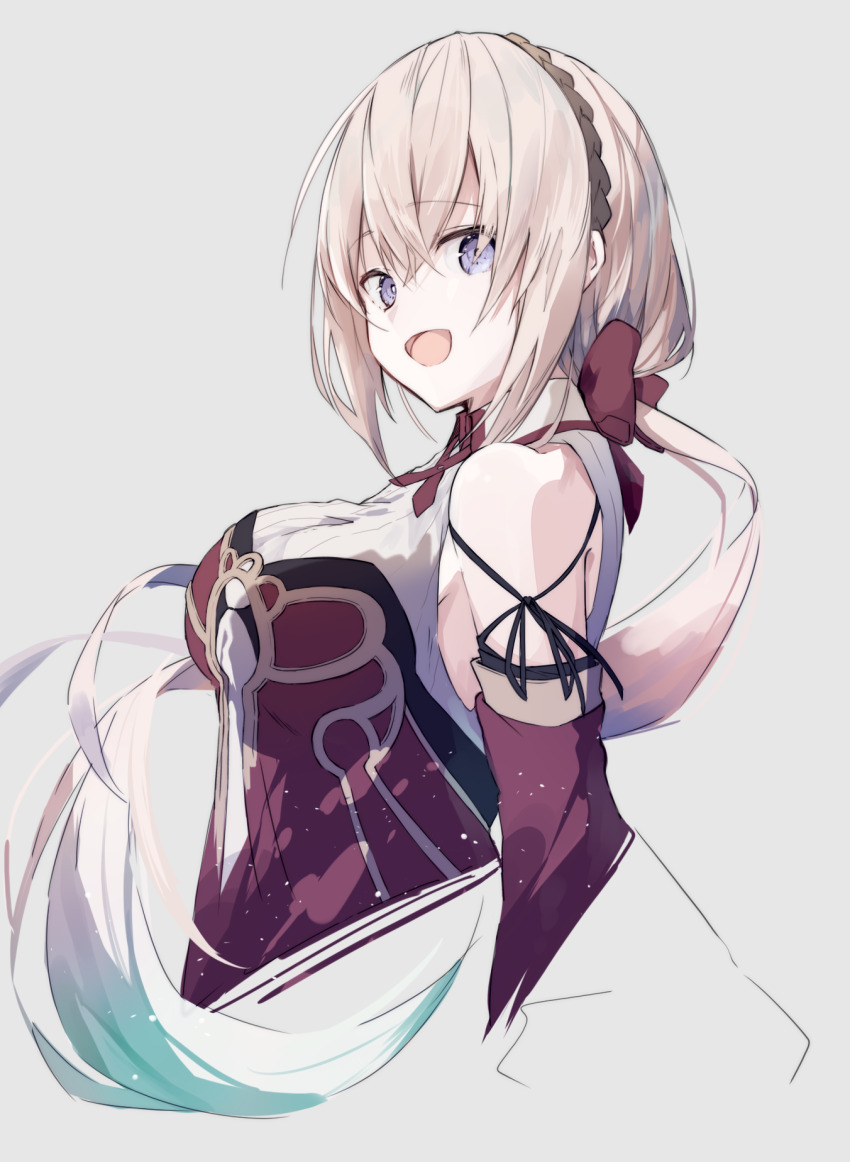 1girl :d aqua_hair bare_shoulders blonde_hair blue_eyes breasts brown_hairband detached_sleeves dress gradient_hair grey_background grimms_notes hair_ribbon hairband highres iumi_urura large_breasts multicolored_hair open_mouth red_dress red_ribbon red_sleeves reina_(grimms_notes) reina_(original)_(grimms_notes) ribbon simple_background smile solo two-tone_hair upper_body