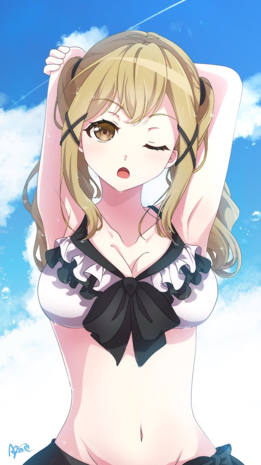 1girl absurdres aose_ao arms_behind_head bang_dream! bikini black_skirt blonde_hair blue_sky bra breasts brown_eyes cloud cloudy_sky highres ichigaya_arisa large_breasts long_hair looking_at_viewer one_eye_closed open_mouth outdoors skirt sky solo standing swimsuit underwear upper_body white_bra