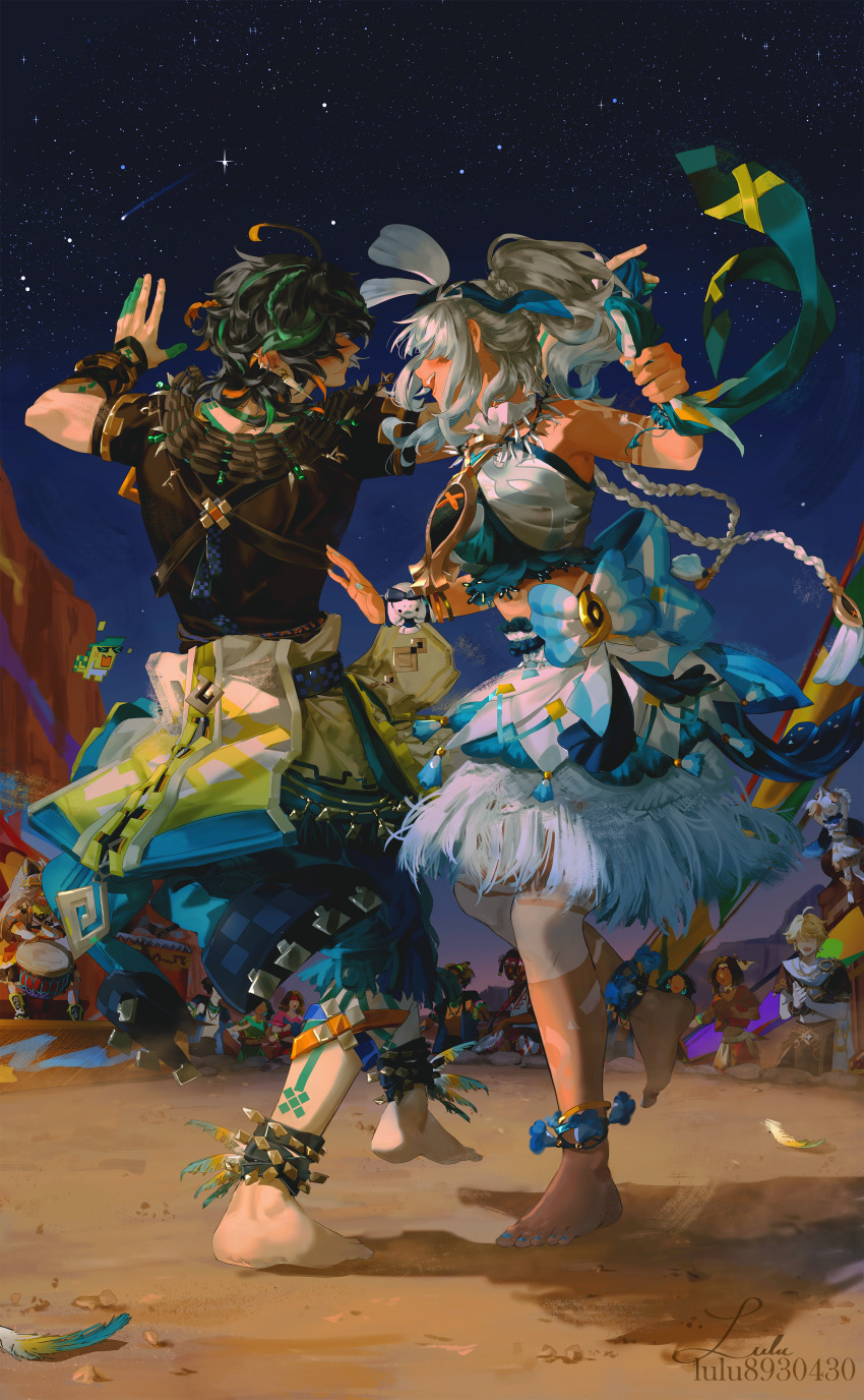 absurdres aether_(genshin_impact) ahoge ajaw_(genshin_impact) anklet aqua_pants bandana barefoot black_hair black_shirt blonde_hair blue_hair blue_hairband blush body_markings bracelet braid brown_shirt chinchilla_ears chinchilla_girl commentary_request crossed_bangs dancing dirty dirty_feet drum feathers fur-lined_gloves genshin_impact green_bandana green_headband hairband hawaiian_clothes headband highres instrument jewelry kachina_(genshin_impact) kinich_(genshin_impact) light_blue_hair lluluchwan low_twin_braids mittens mualani_(genshin_impact) multicolored_hair music night night_sky open_mouth orange_mittens orange_visor outdoors own_hands_together paimon_(genshin_impact) pants playing_instrument ponytail revision rock scarf shirt shooting_star sky spiked_ear_piercing star_(sky) starry_sky streaked_hair tan twin_braids visor_cap