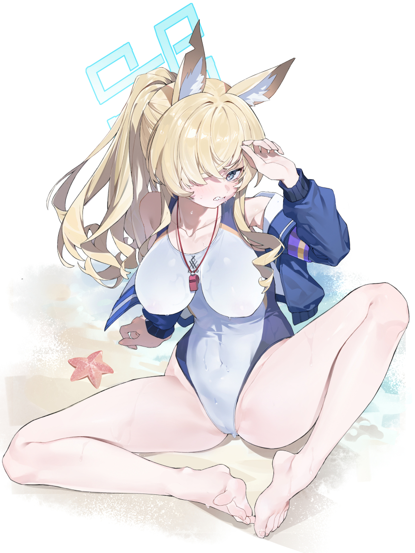 1girl absurdres animal_ear_fluff animal_ears bare_legs bare_shoulders barefoot blonde_hair blue_archive blue_eyes blue_halo blush breasts competition_swimsuit dog_ears extra_ears feet hair_over_one_eye halo highleg highleg_one-piece_swimsuit highres kanna_(blue_archive) kanna_(swimsuit)_(blue_archive) large_breasts long_hair long_sleeves looking_at_viewer lushi_jin_up notched_ear off_shoulder official_alternate_costume one-piece_swimsuit ponytail simple_background sitting soles solo spread_legs spread_toes swimsuit swimsuit_under_clothes teeth toes whistle whistle_around_neck white_one-piece_swimsuit