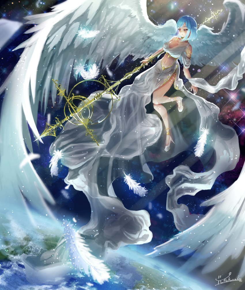 1girl absurdres angel_wings blue_hair bra braid breasts cleavage dress earth_(planet) feathers frown high_heels highres holding holding_polearm holding_weapon large_breasts oversized_wings light_rays long_dress mermaid_dress moira_(nijisanji) mole mole_under_mouth nijisanji parted_bangs planet polearm short_hair sidelocks signature sky solo space spear star_(sky) starry_sky underwear virtual_youtuber weapon wings yellow_eyes yurakusai