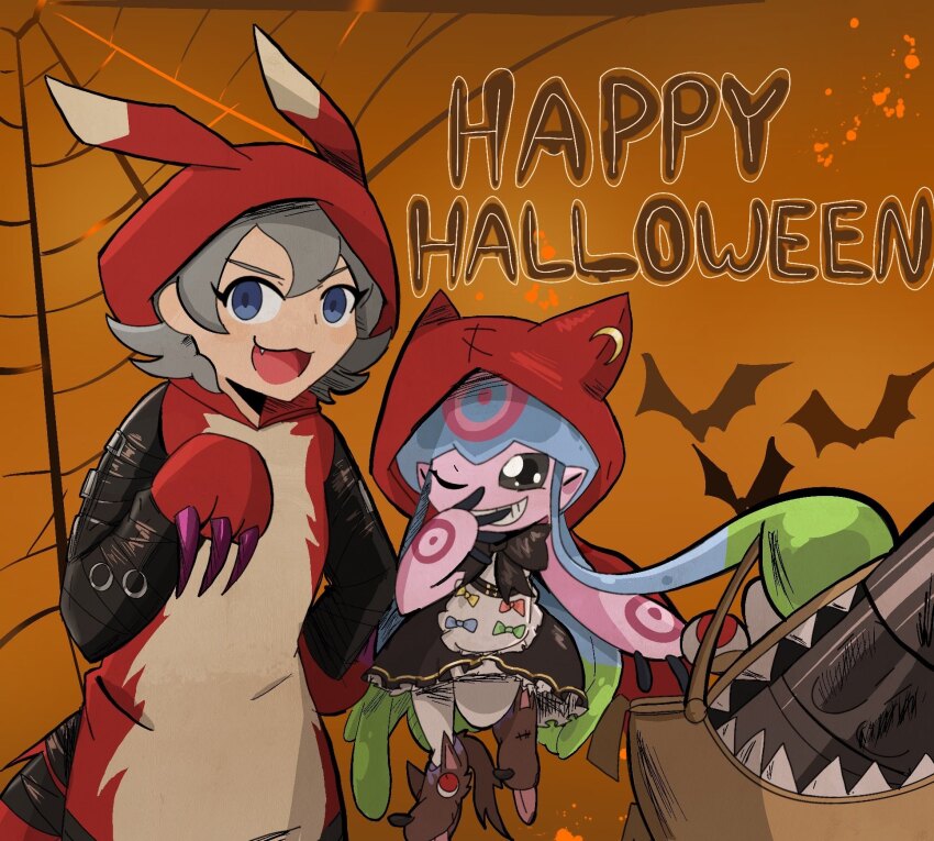 bandaged_arm bandages blue_eyes chaperomon chaperomon_(cosplay) cosplay digimon digimon_(creature) digimon_ghost_game fangmon fangmon_(cosplay) halloween halloween_costume higashimitarai_kiyoshiro highres jellyfish_girl jellymon monster_girl short_hair tentacle_hair tentacles white_hair
