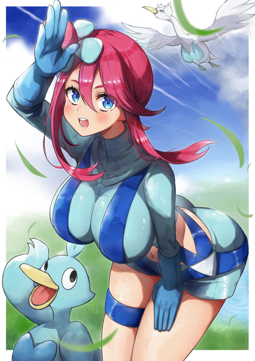 1girl absurdres ass bird blue_eyes blue_sky blush breasts cloud crop_top ducklett flying gen_5_pokemon gloves grass highres large_breasts long_sleeves looking_at_viewer nintendo pokemon pokemon_bw shorts sky skyla_(pokemon) sumomo swanna teeth thighhighs water wings