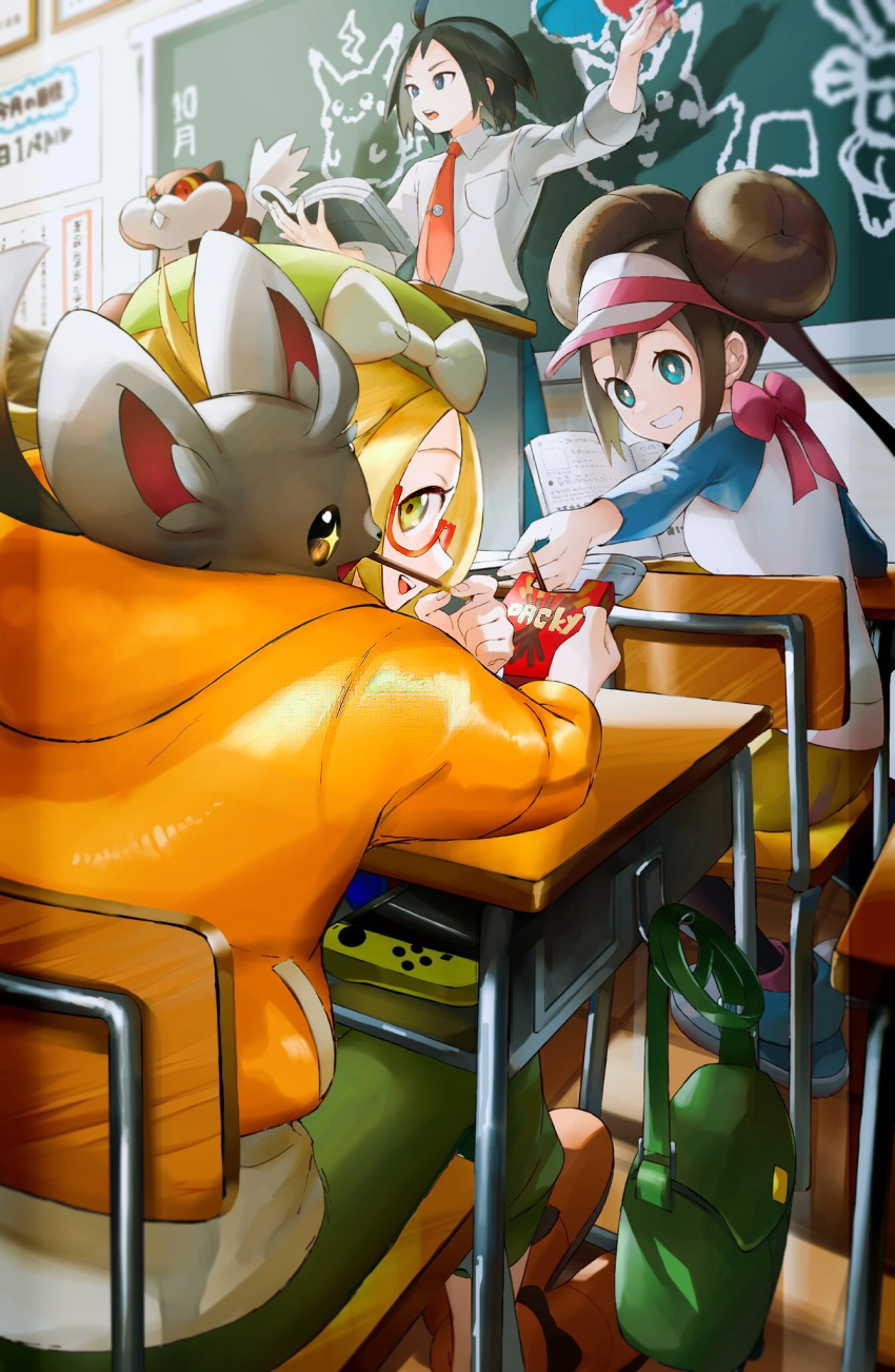 1boy 2girls ahoge beret bianca_(pokemon) black_hair blonde_hair blue_eyes blue_pants book boots bow brown_hair chair chalkboard character_print cheren_(pokemon) classroom collared_shirt commentary_request desk donut_hair_bun double_bun feeding food gen_1_pokemon gen_5_pokemon glasses green_eyes green_headwear green_pants grin hair_bun hat hat_bow highres holding holding_book hood hooded_jacket indoors jacket long_hair long_sleeves minccino multiple_girls necktie nintendo orange_boots orange_jacket orange_mikan orange_necktie pants pikachu pink_bow pocky pokemon pokemon_(creature) pokemon_bw2 raglan_sleeves red-framed_eyewear rosa_(pokemon) school_chair school_desk semi-rimless_eyewear shirt short_hair shorts sitting sleeves_rolled_up smile teeth tie_clip twintails visor_cap watchog white_bow white_shirt yellow_shorts