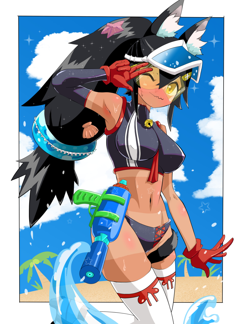 1girl absurdres adapted_costume alternate_costume animal_ear_fluff animal_ears beach bikini bikini_bottom_only blush breasts covered_erect_nipples crop_top detached_sleeves embarrassed full-face_blush gloves highres hololive holstered kani_bonara long_hair low-tied_long_hair medium_breasts ocean ookami_mio palm_tree ponytail red_gloves shell_hair_ornament single_detached_sleeve skindentation solo summer sunglasses swimsuit tail tail_around_own_leg tail_wrap tan tanline thighhighs tree virtual_youtuber visor_cap water_gun wavy_mouth wolf_ears wolf_girl yellow_eyes