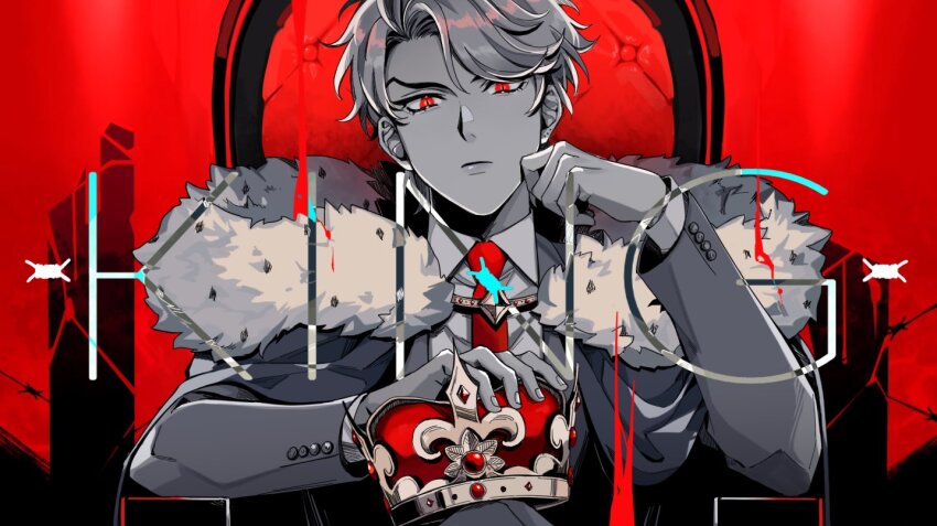 1boy aged_down cape closed_mouth commentary_request crown unworn_crown dio_brando ear_birthmark fur-trimmed_cape fur_trim hako_iix07 hand_up jacket jojo_no_kimyou_na_bouken king_(vocaloid) limited_palette long_sleeves looking_at_viewer male_focus necktie parody phantom_blood red_background red_necktie shirt short_hair solo throne upper_body white_shirt