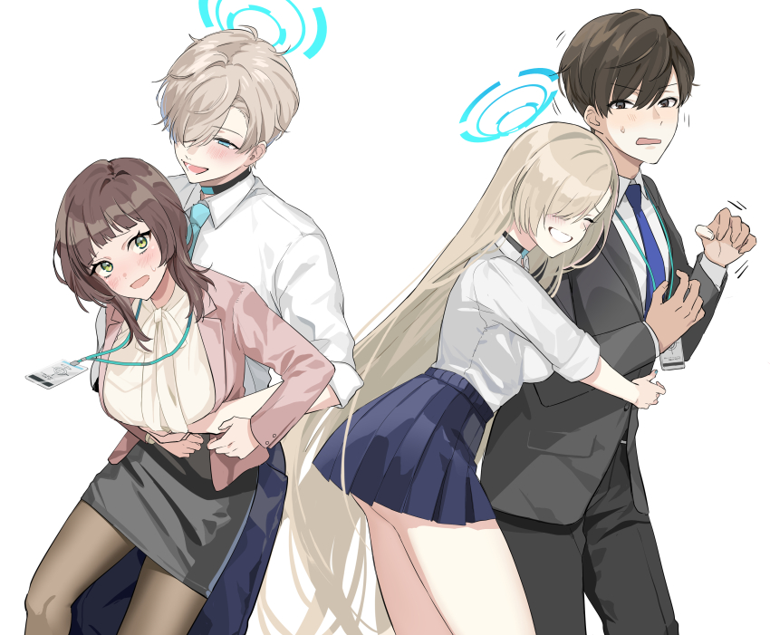 2boys 2girls absurdres asuna_(blue_archive) asuna_(school_uniform)_(blue_archive) black_skirt blonde_hair blue_archive blue_eyes blue_halo blue_necktie blue_pants blue_skirt blunt_bangs blush breasts brown_eyes brown_hair choker female_sensei_(blue_archive) formal_clothes genderswap genderswap_(ftm) green_eyes grey_pants grey_suit hair_over_one_eye halo highres hug large_breasts long_hair looking_back medium_hair meltykiss0316 multiple_boys multiple_girls name_tag necktie pants pantyhose pink_suit pleated_skirt sensei_(blue_archive) shirt short_hair skirt smile suit sweat thighs very_long_hair white_shirt yellow_shirt